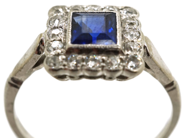 Art Deco 18ct White Gold, Platinum, Sapphire & Diamond Square Ring