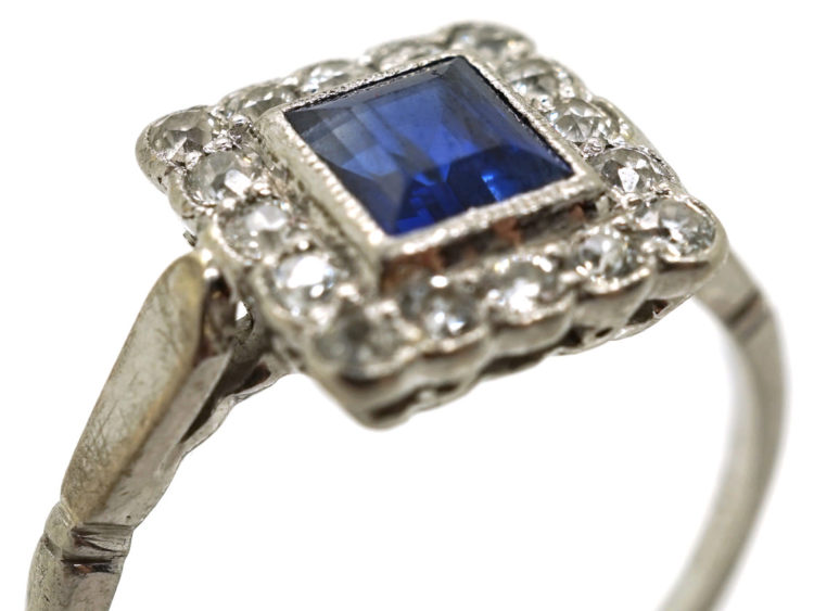 Art Deco 18ct White Gold, Platinum, Sapphire & Diamond Square Ring