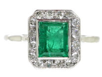 Art Deco 18ct White Gold, Emerald & Diamond Rectangular Ring