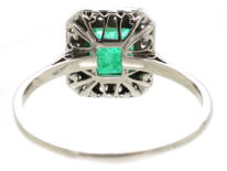 Art Deco 18ct White Gold, Emerald & Diamond Rectangular Ring