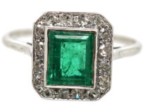 Art Deco 18ct White Gold, Emerald & Diamond Rectangular Ring