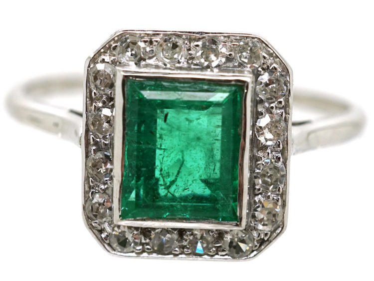 Art Deco 18ct White Gold, Emerald & Diamond Rectangular Ring