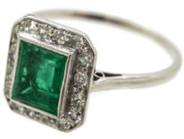 Art Deco 18ct White Gold, Emerald & Diamond Rectangular Ring