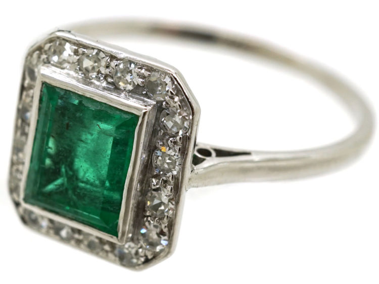 Art Deco 18ct White Gold, Emerald & Diamond Rectangular Ring