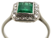 Art Deco 18ct White Gold, Emerald & Diamond Rectangular Ring