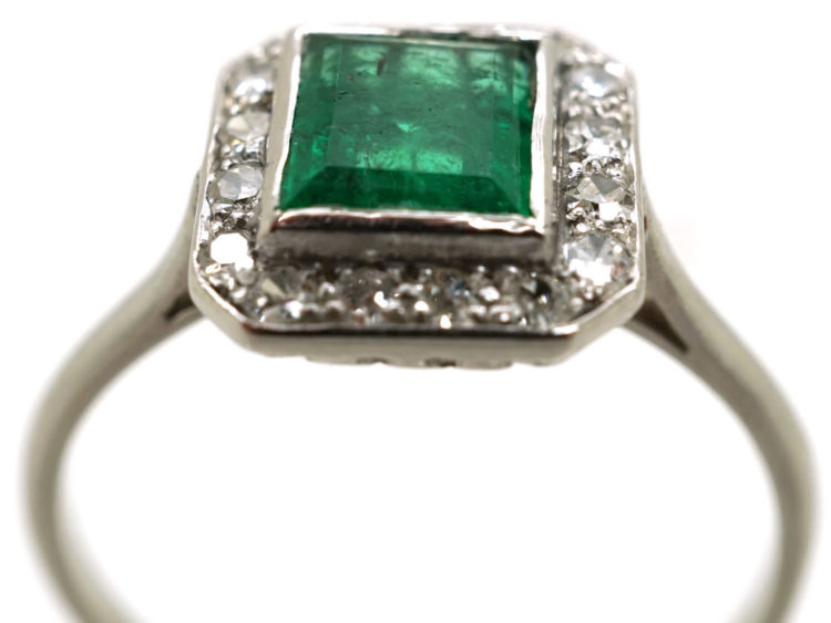 Art Deco 18ct White Gold, Emerald & Diamond Rectangular Ring