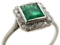 Art Deco 18ct White Gold, Emerald & Diamond Rectangular Ring