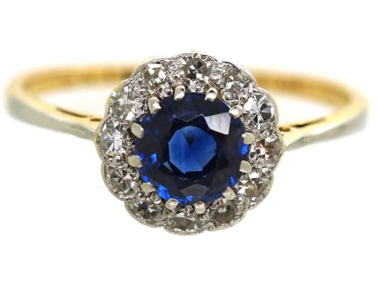 Edwardian 18ct Gold, Platinum & Sapphire & Diamond Cluster Ring