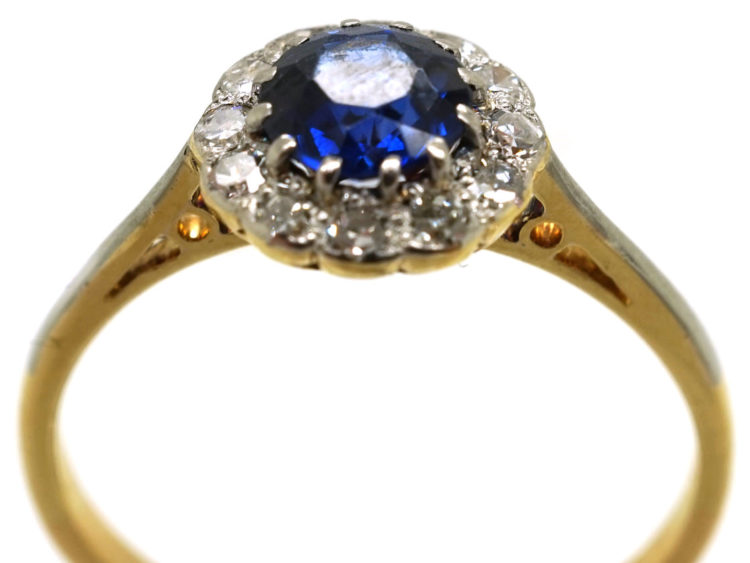 Edwardian 18ct Gold, Platinum & Sapphire & Diamond Cluster Ring