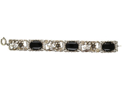 Silver & Onyx Bracelet With Flower Motif