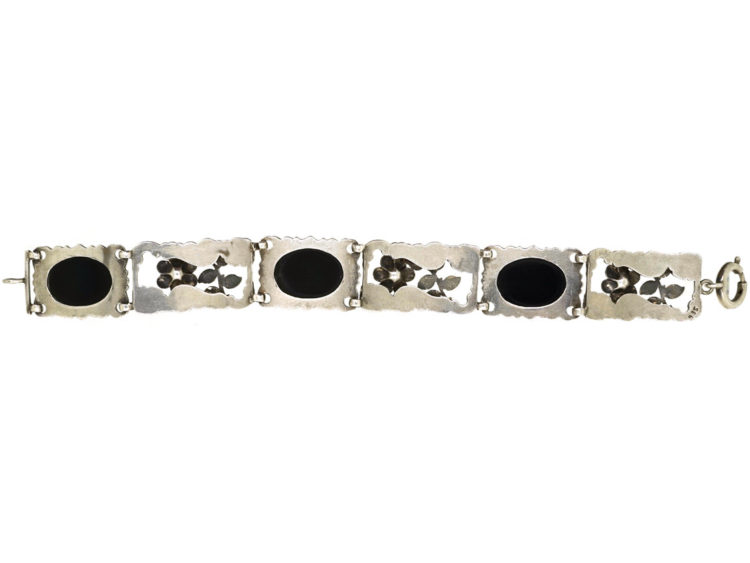 Silver & Onyx Bracelet With Flower Motif