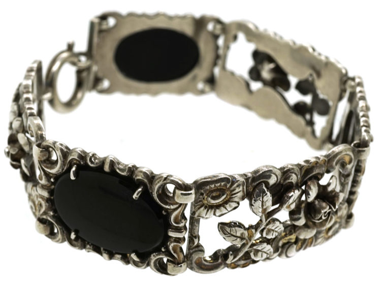 Silver & Onyx Bracelet With Flower Motif