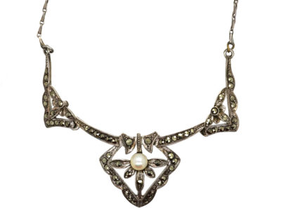 Art Deco Silver, Marcasite & Pearl Necklace