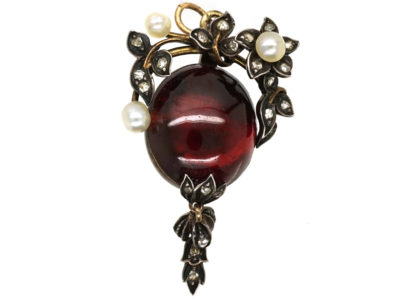 Victorian Cabochon Garnet, Natural Pearl & Rose Diamond Pendant on Chain