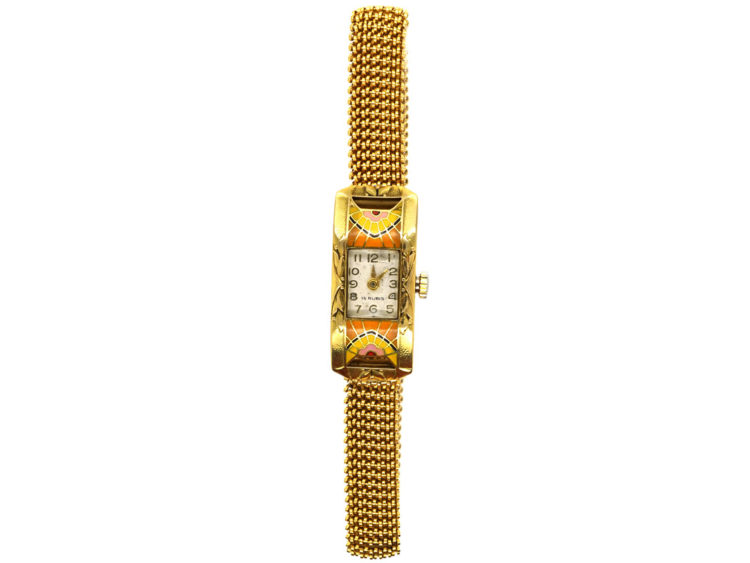 Art Deco 18ct Gold & Enamel Watch on Mesh Strap