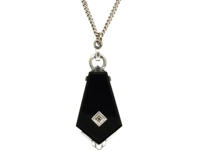 Art Deco Onyx & Diamond Pendant on Silver Chain