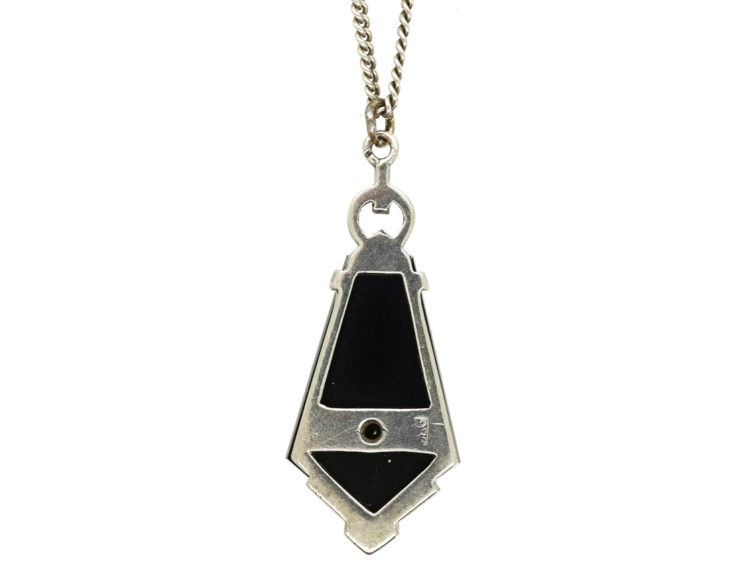 Art Deco Onyx & Diamond Pendant on Silver Chain
