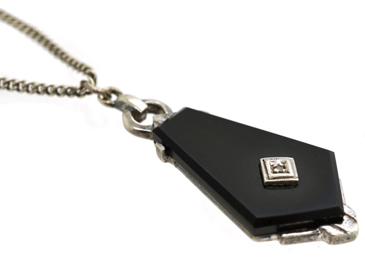 Art Deco Onyx & Diamond Pendant on Silver Chain