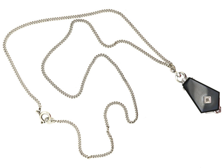 Art Deco Onyx & Diamond Pendant on Silver Chain