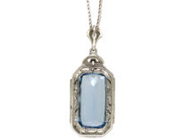 Art Deco Rectangular Synthetic Blue Spinel Pendant on Silver Chain