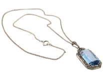 Art Deco Rectangular Synthetic Blue Spinel Pendant on Silver Chain