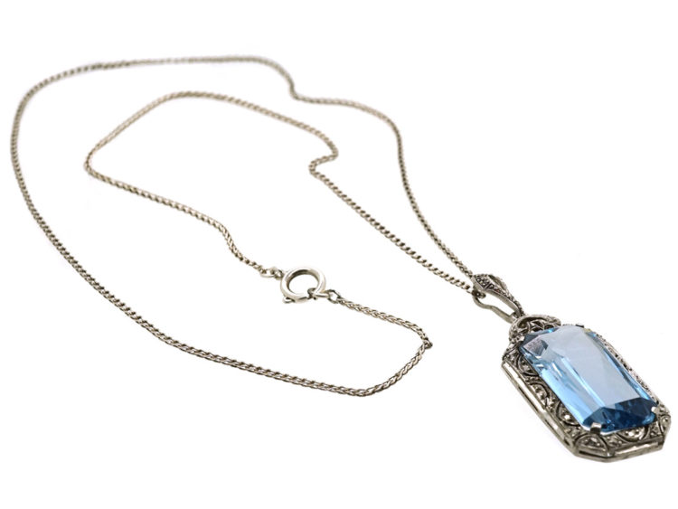 Art Deco Rectangular Synthetic Blue Spinel Pendant on Silver Chain