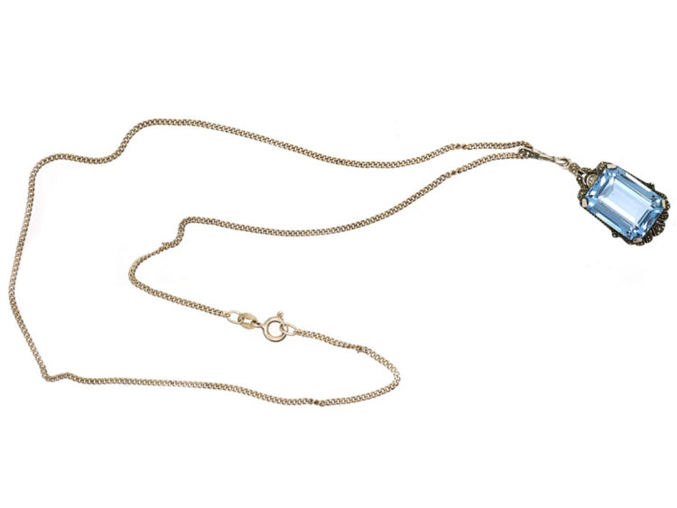 Art Deco Silver & Synthetic Blue Spinel Pendant on Silver Chain