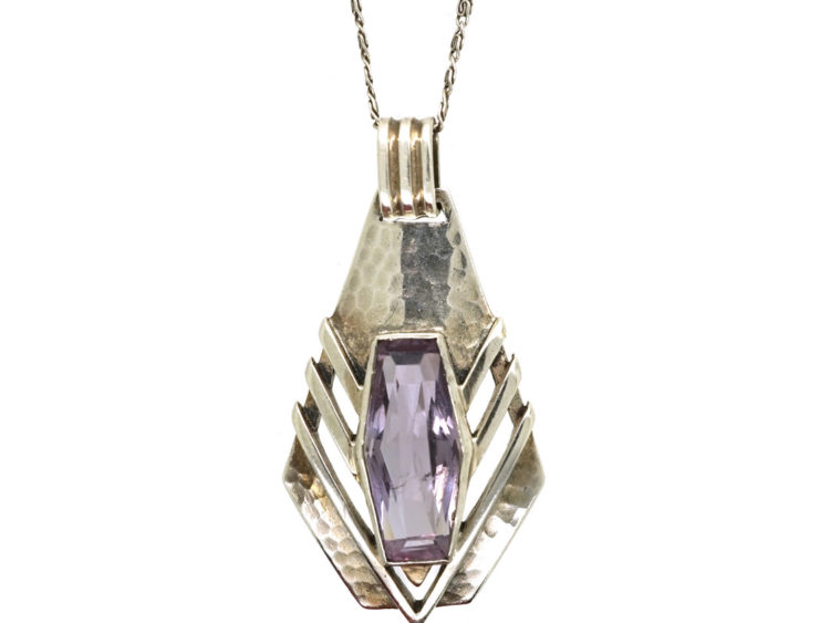 Art Deco Silver & Amethyst Pendant on Silver Chain