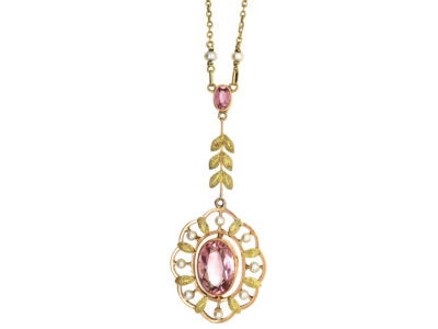 Edwardian 15ct Gold, Pink Tourmaline & natural Split Pearls Pendant