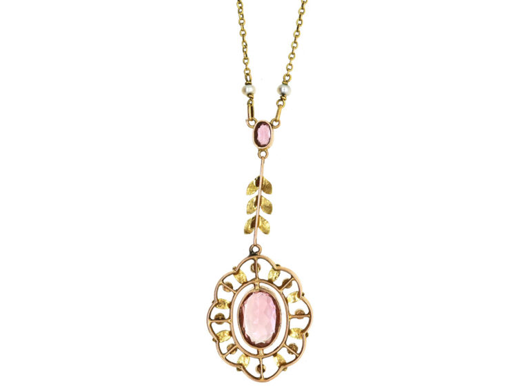 Edwardian 15ct Gold, Pink Tourmaline & natural Split Pearls Pendant