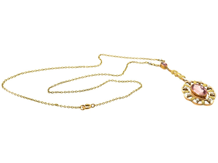 Edwardian 15ct Gold, Pink Tourmaline & natural Split Pearls Pendant