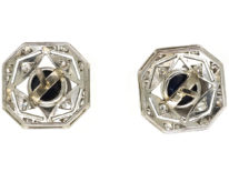 Art Deco Platinum, Cabochon Sapphire & Diamond Octagonal Earrings