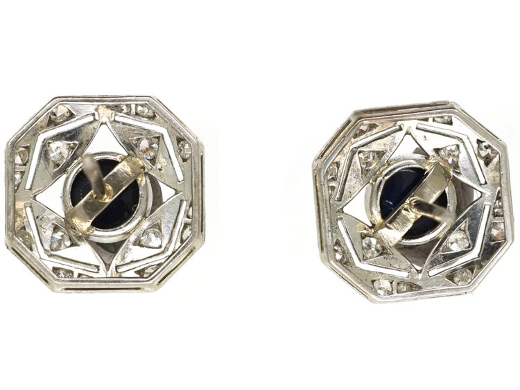 Art Deco Platinum, Cabochon Sapphire & Diamond Octagonal Earrings