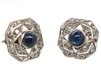 Art Deco Platinum, Cabochon Sapphire & Diamond Octagonal Earrings