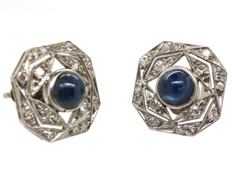 Art Deco Platinum, Cabochon Sapphire & Diamond Octagonal Earrings