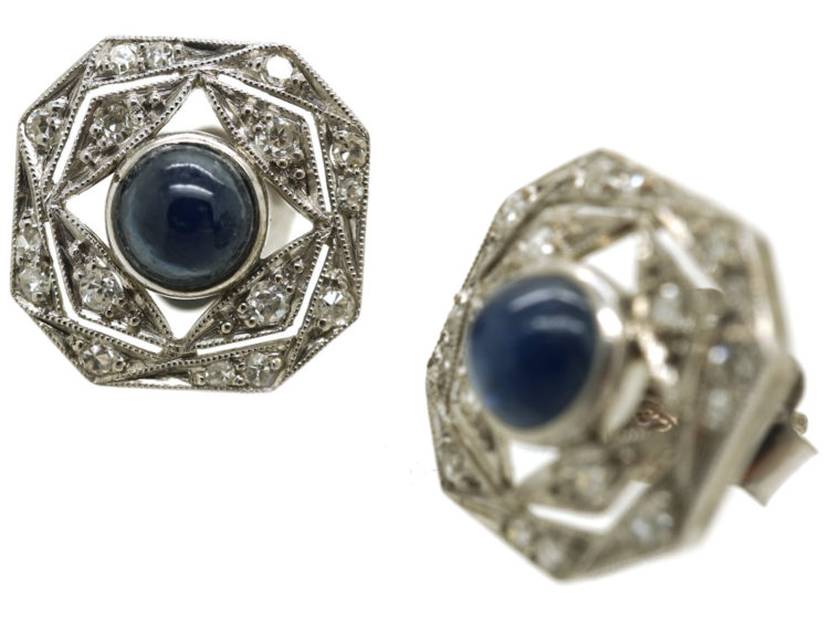 Art Deco Platinum, Cabochon Sapphire & Diamond Octagonal Earrings
