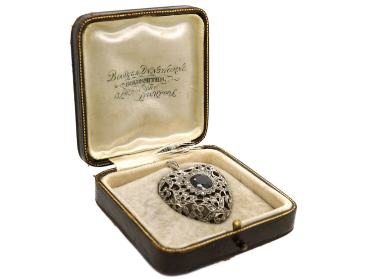 Edwardian Platinum, Garnet & Rose Diamond Studded Heart Pendant With Locket Back in Original Case