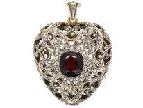Edwardian Platinum, Garnet & Rose Diamond Studded Heart Pendant With Locket Back in Original Case