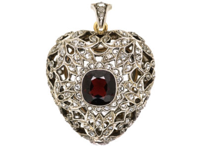 Edwardian Platinum, Garnet & Rose Diamond Studded Heart Pendant With Locket Back in Original Case