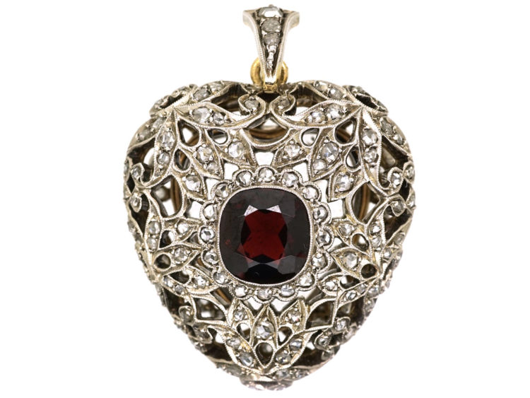 Edwardian Platinum, Garnet & Rose Diamond Studded Heart Pendant With Locket Back in Original Case