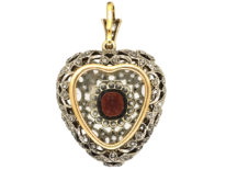 Edwardian Platinum, Garnet & Rose Diamond Studded Heart Pendant With Locket Back in Original Case