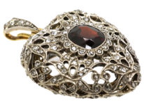 Edwardian Platinum, Garnet & Rose Diamond Studded Heart Pendant With Locket Back in Original Case
