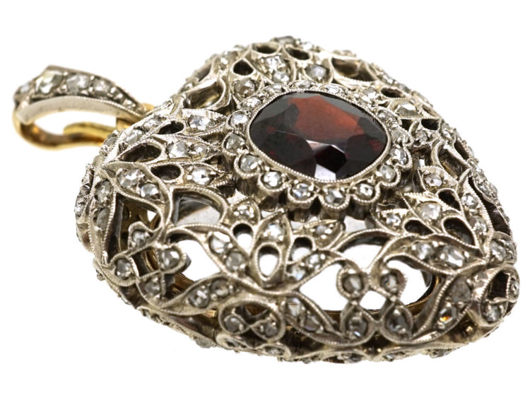 Edwardian Platinum, Garnet & Rose Diamond Studded Heart Pendant With Locket Back in Original Case