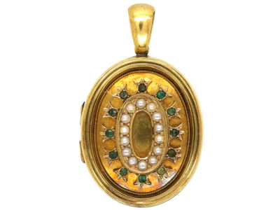 Victorian 15ct Gold Oval Locket Set With Emeralds & Natural Split Pearls