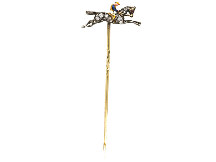 Edwardian Rose Diamond & Enamel Racehorse & Jockey Tie Pin