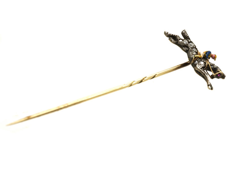 Edwardian Rose Diamond & Enamel Racehorse & Jockey Tie Pin
