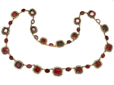 Georgian 9ct Gold, Flat Cut Garnet & Natural Seed Pearls Necklace