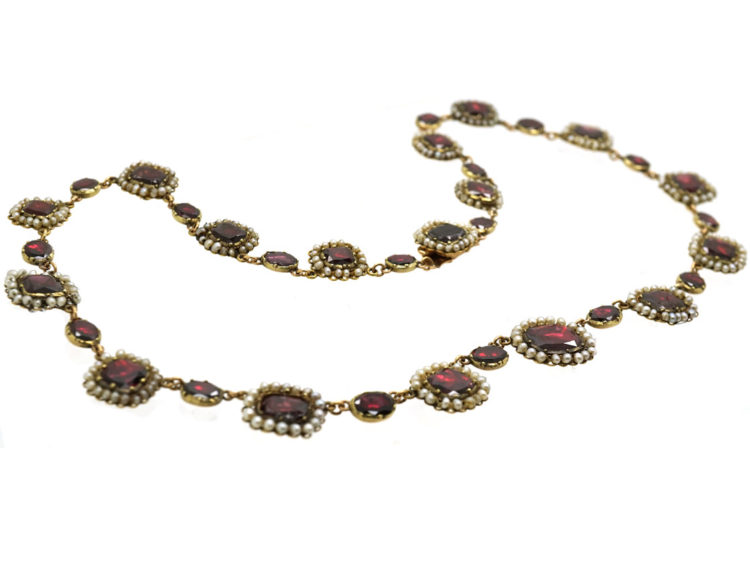 Georgian 9ct Gold, Flat Cut Garnet & Natural Seed Pearls Necklace