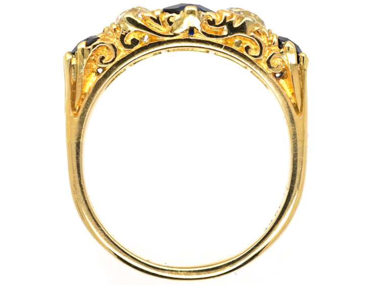 Edwardian 18ct Gold , Burma Sapphire & Diamond Five Stone Carved Half Hoop Ring