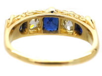 Edwardian 18ct Gold , Burma Sapphire & Diamond Five Stone Carved Half Hoop Ring